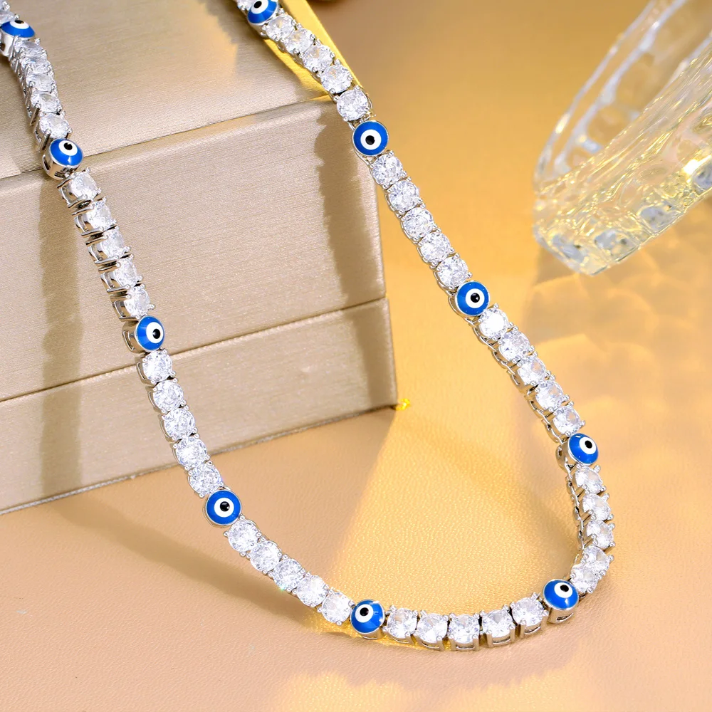 

CWWZircons Genuine Cubic Zirconia Pave Tennis Link Blue Enamel Lucky Eyes Luxury Choker Necklace for Women Jewelry Gift CP109