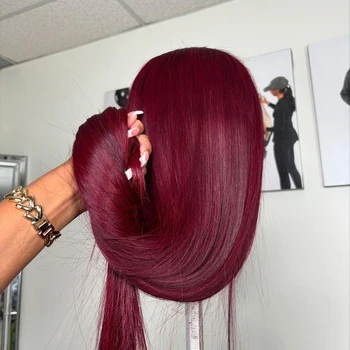 200% Density 13x4 HD Lace Front Wigs Human Hair Pre Plucked Wine Red Colored Straight Human Hair Wigs for Black Women 1