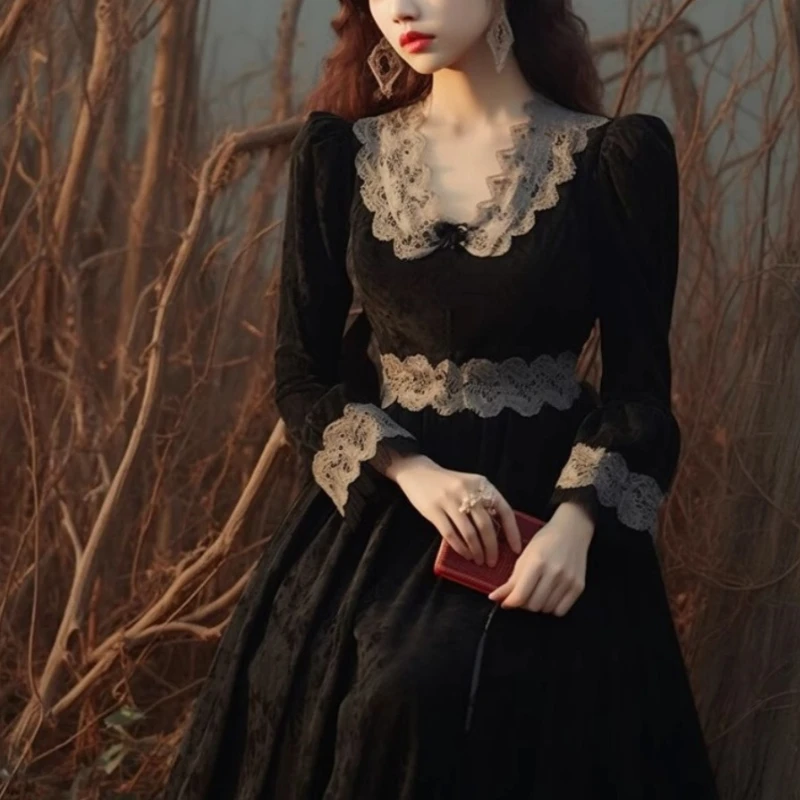 

2024 Spring Fall Women V Neck Lace Patchwork Black Long Velvet Dress , Woman Slim Autumn Vintage High Waisted Velour Dresses