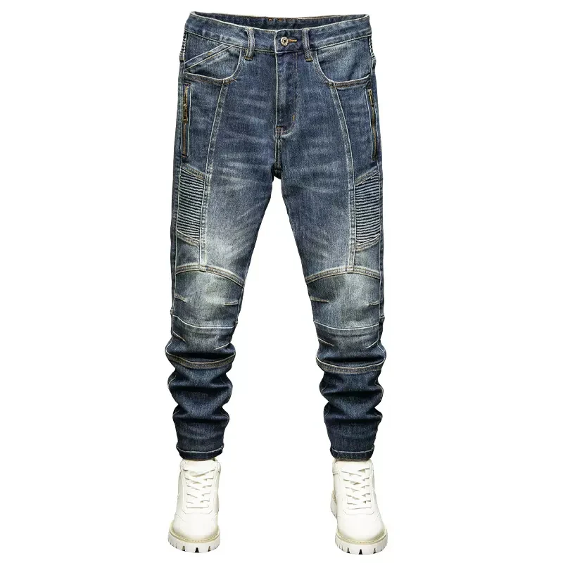 Street Fashion Men Jeans Retro Blue Elastic Stretch Skinny Fit Spliced Designer Biker Jeans Men Patched Hip Hop Denim Pants Men