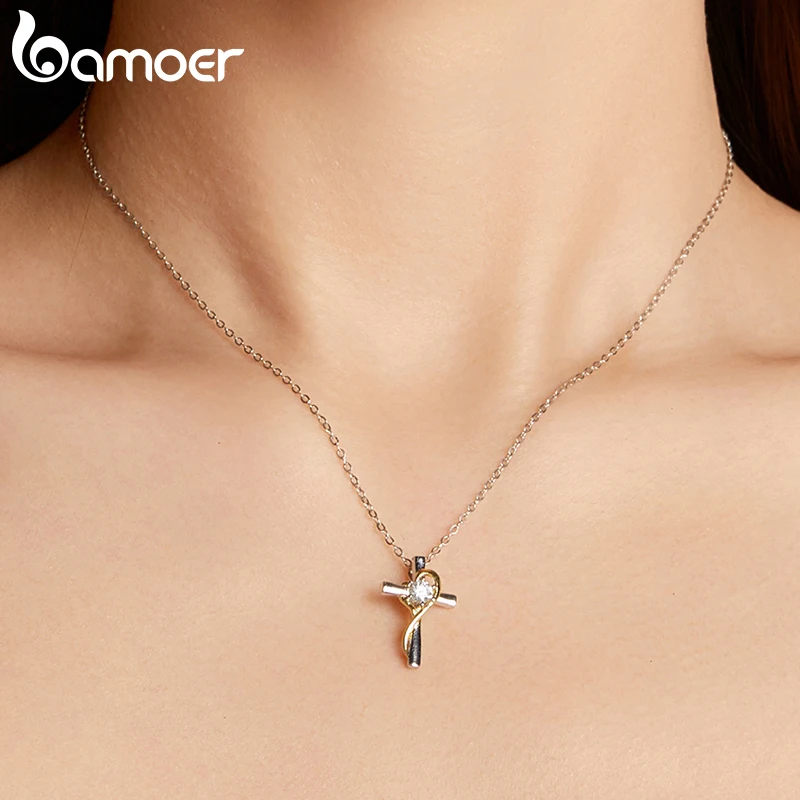 Moissanite Two-Tone Stainless Silver & Gold Cross Necklace - Image 3
