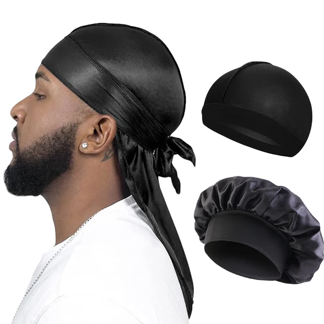 3PCS/LOT Men Silky Durag Long Tail Pirate Hat Headband Turban Dome Wave Cap Unisex Wig Cap Elastic Band Satin Bonnet 1