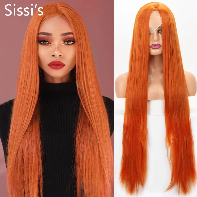 

40inch Synthetic Wigs Long Straight Black Wigs for Black Woman Middle Part Lace Frontal Wig Orange Cosplay Wigs