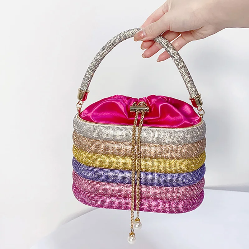 

Luggage 2023 New Fashion Dinner Lunch Bag Women's Diamond Chain Pearl Makeup Women's Handle Bags Stripe Patchwork Drawstring Bag