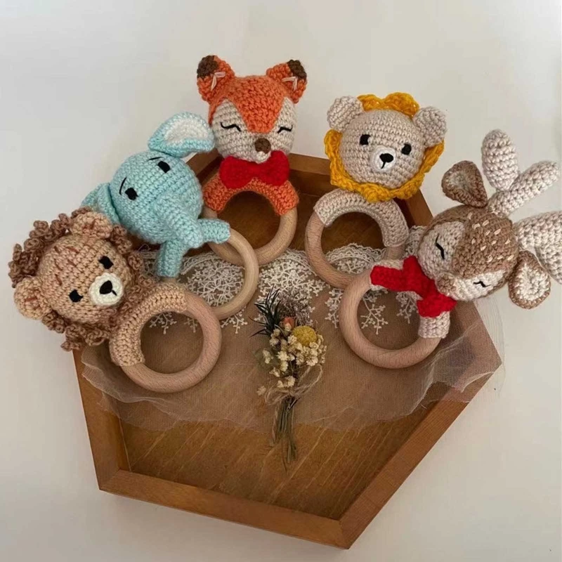 

Baby Wooden Teether Ring DIY Crochet Animal Rattle Infant Teething Nursing Soother Molar for Newborn