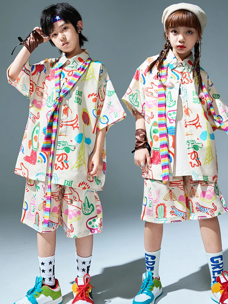 

Summer Kids Colorful Clothing Boys Shirt Shorts Girls Hip Hop Dance Clothes Drum Jazz Performance Costume Dopamine Suit BL10999