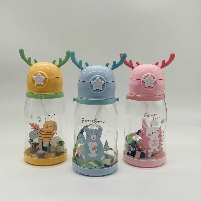 Water Bottle Children's Plastic Antler Straw High Appearance Level Large Capacity Kettle Summer
