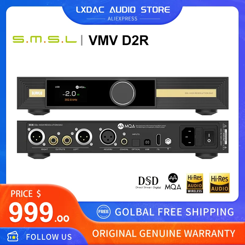 

SMSL VMV D2R High-Res Audio DAC BD34301EKV ROHM Chip Bluetooth APTX-HD MQA-CD XU316 DSD512 I2S With Remote Control