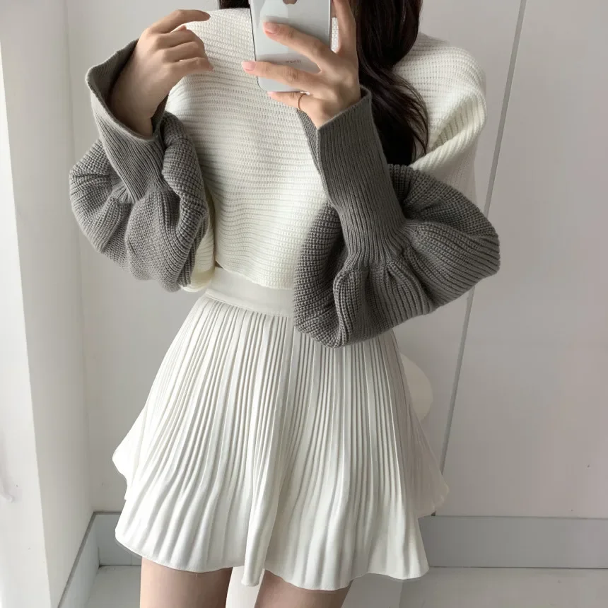

Casual O-neck Knitted Female Tops Autumn Lantern Sleeve Fashion Jumpers Women New Winter Loose Warm Patchwork Short Sweaters