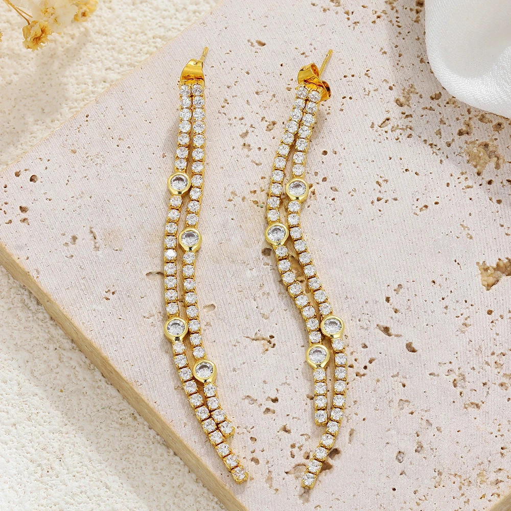 Elegant Sparkling Zircon Hanging Metal Tassel Dangle Earrings for Women 18K Gold Plated Stainless Steel Long Party Jewelry Aros