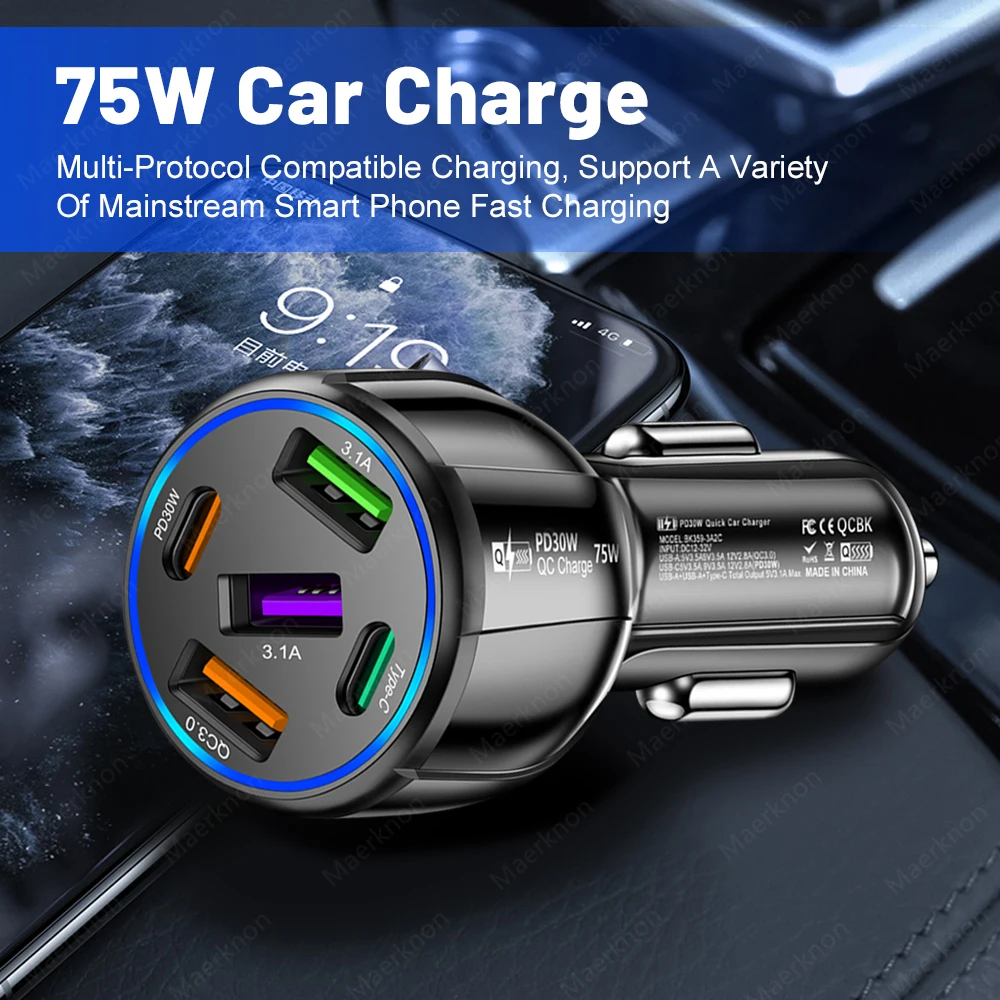 5 Ports USB Car Charger 75W PD Type C Fast Charging Charger In Car For iPhone Sa