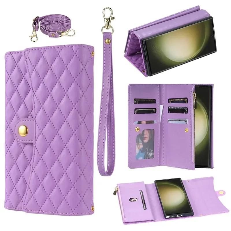 Crossbody Leather Zip Wallet Phone Case with Wrist Strap and Flip Cover
