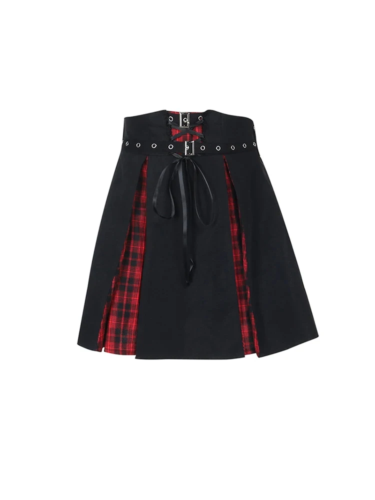 

Women Dark Academia Japanese Y2k Grunge Gothic Patchwork Mini A-line Pleated Skirt With Belt 2000s Y2k Streetwear Grunge Cyber S