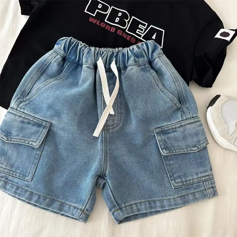 Kids Shorts Boys Girls Denim Shorts Summer Elastic Waist Drawstring Solid Color Pocket Cargo Jeans Baby Boys Casual Shorts