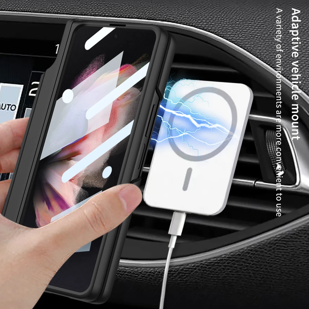 For Magsafe Samsung Galaxy Z Fold 3 Case Wireless Charging Magnetic Hinge Pen Holder Kickstand Shockproof Hard Cover Accessories