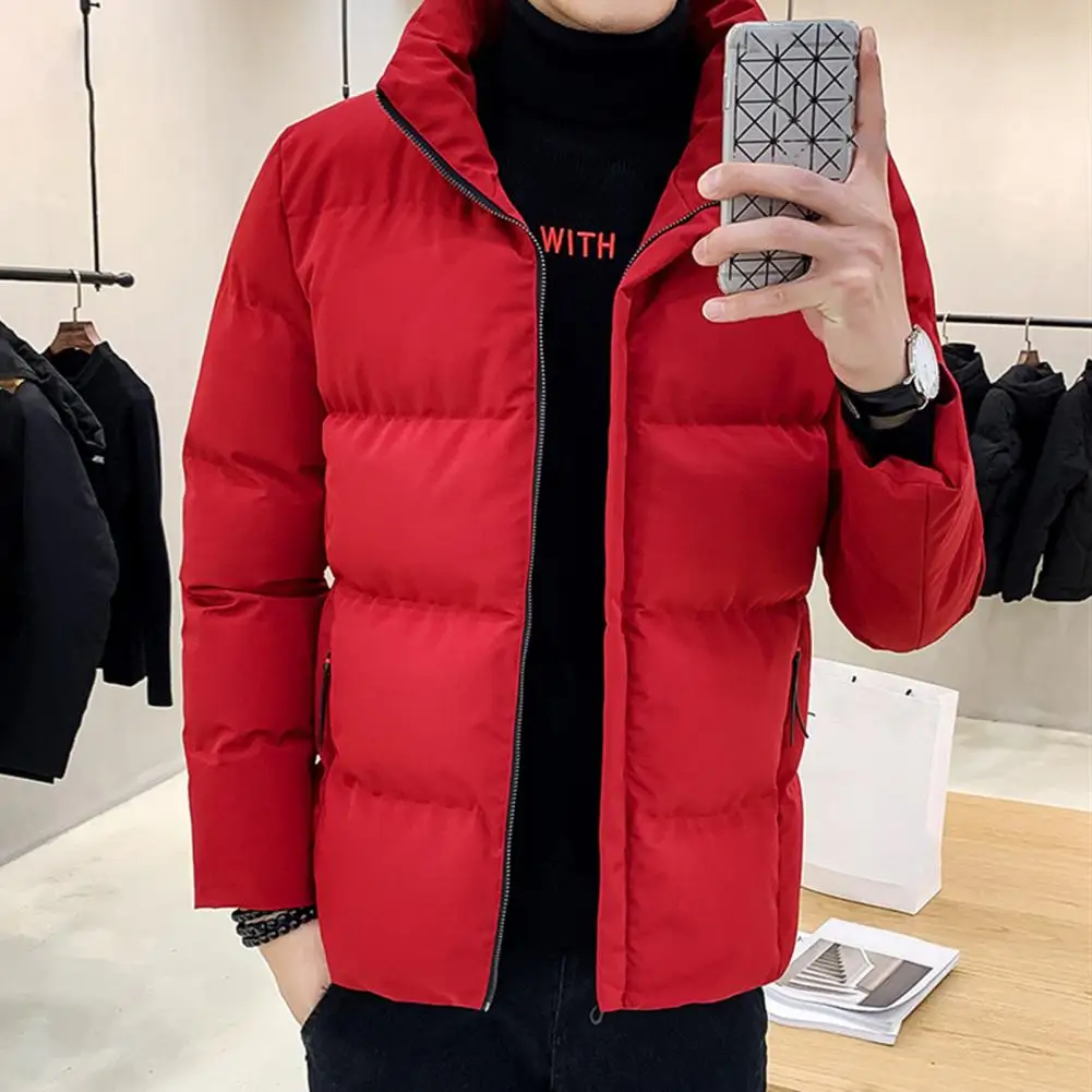 

Men Coat Cotton Padded Solid Color Stand Collar Letter Embroidery Korean Style Coldproof Fluffy Filling Jacket Streetwear