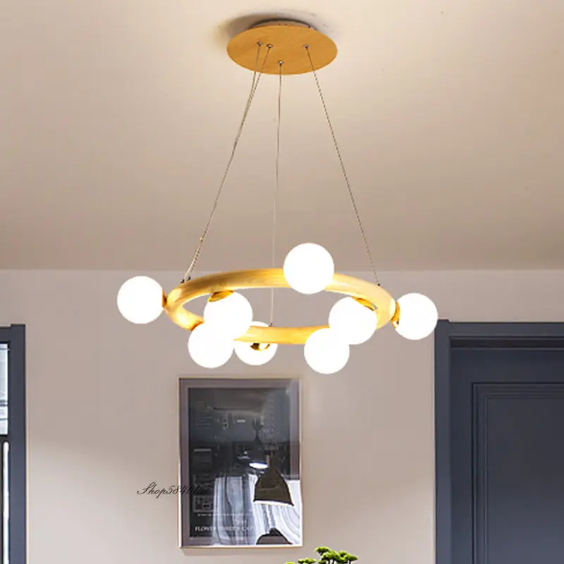 

Nordic Wood Grain Cirque Pendant Lights Milky White Bubbles Hanglamp Woonkamer Dining Room Bedroom Restaurant Modo Chandeliers