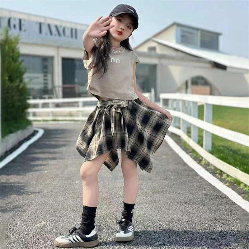 Summer Girls Clothing Set Solid Color Sleeveless T-shirt+Plaid Irregular Skirt 2Pcs Suit For 5-14 Years Teen Kids Fashion Outfit 2