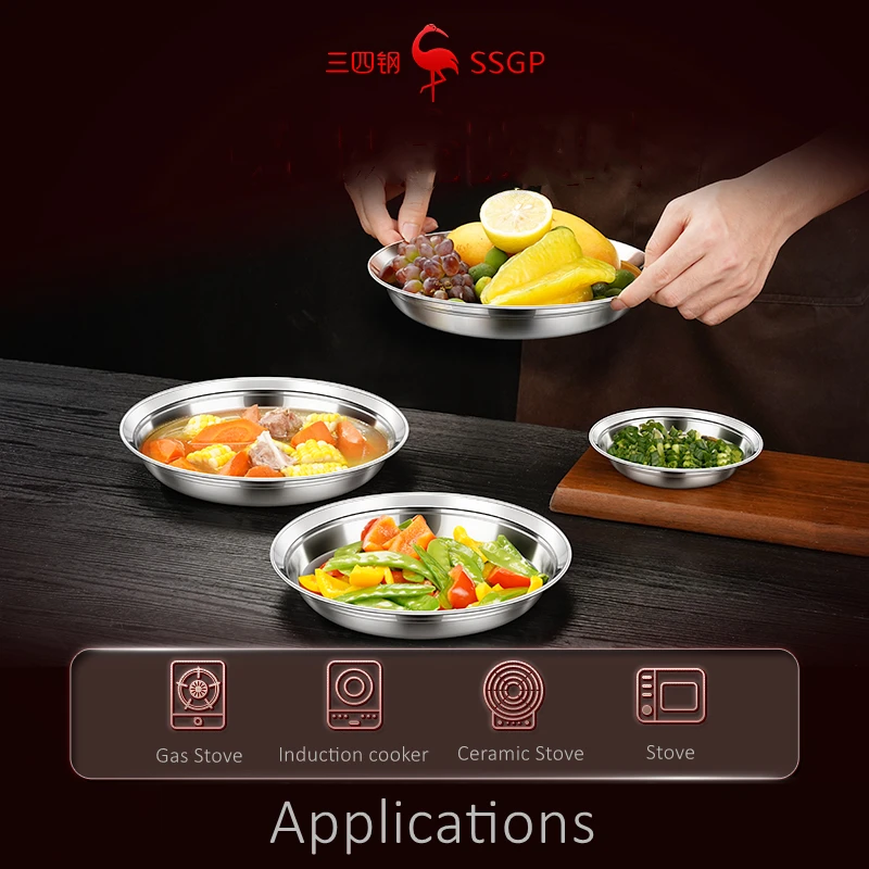Luxury 316 Stainless Steel Plate LFGB Certificate 260ml~1700ml Overflow Prevention Dish 14cm~26cm Dinning Tableware for Family