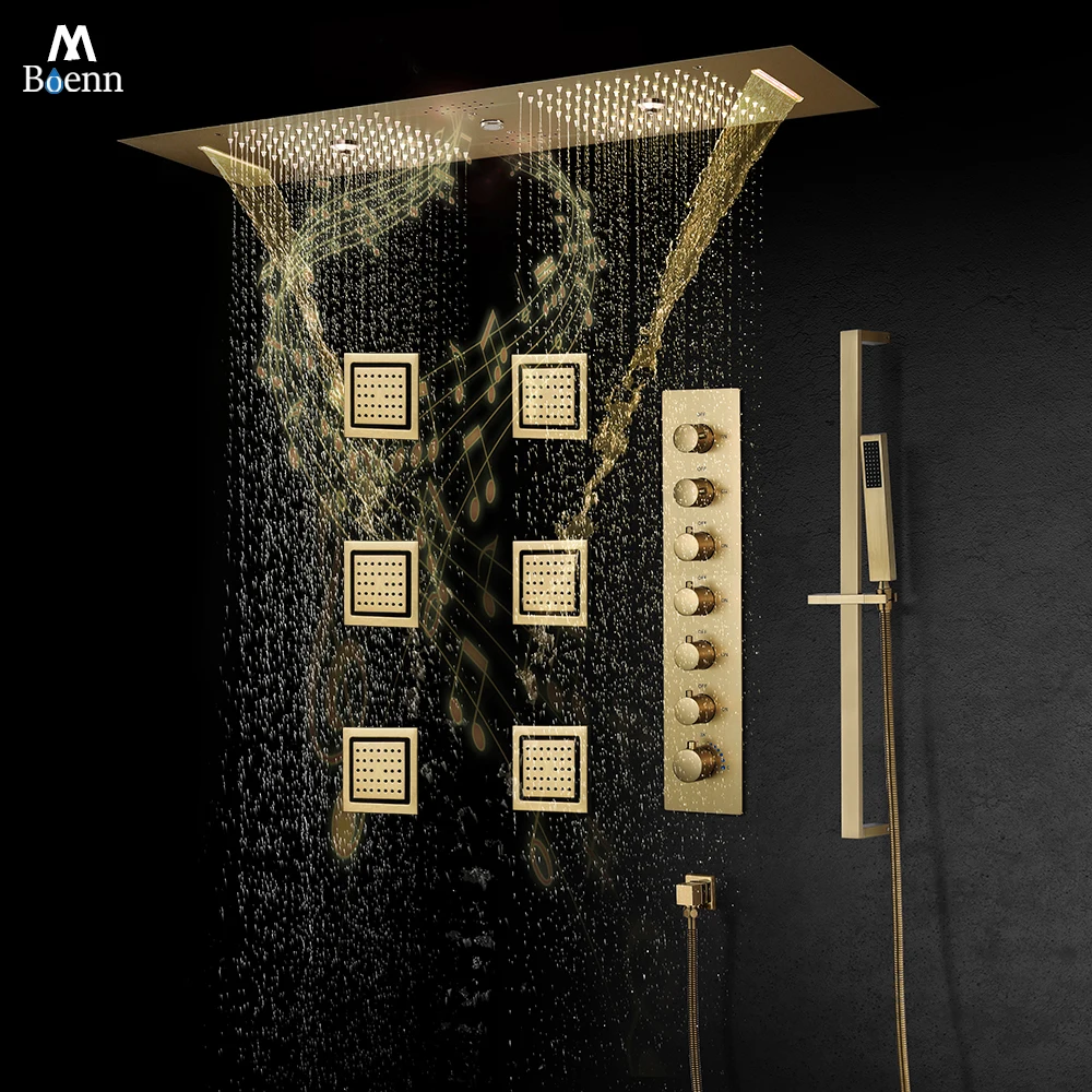 เอ็ม บอนน์คู่สปาชุดฝักบัวก๊อกน้ำห้องน้ำหรูหราขนาดใหญ่หัวฝักบัวทองขัดเงาฝนนวดเทอร์โมสแตนซ์ผสม 1