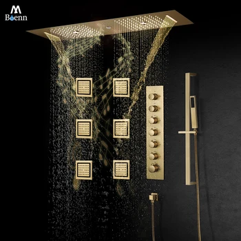 เอ็ม บอนน์คู่สปาชุดฝักบัวก๊อกน้ำห้องน้ำหรูหราขนาดใหญ่หัวฝักบัวทองขัดเงาฝนนวดเทอร์โมสแตนซ์ผสม 1