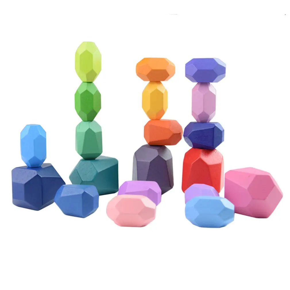 Creative Wooden Colored Stacking Balancing Stone Building Blocks Educational Toy 