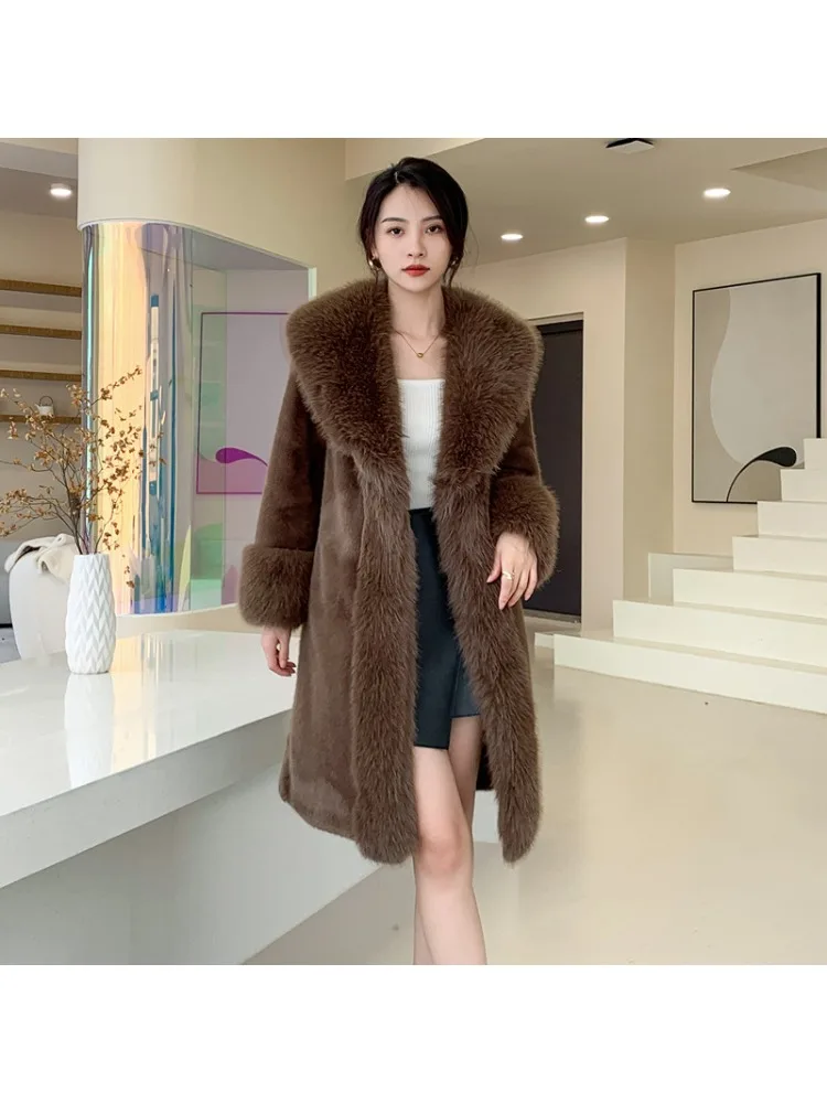 Casaco de pele glamoroso de vison feminino, casaco fino monocromático, gola de camurça, veludo, novo estilo, moda coreana, inverno Y2k