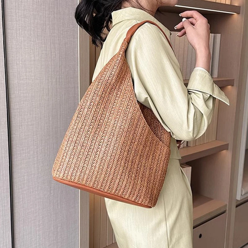 Formeki New Women Handbag Large Straw Casual Tote Bag  Hollow Out Outdoor Holiday Beach Bag