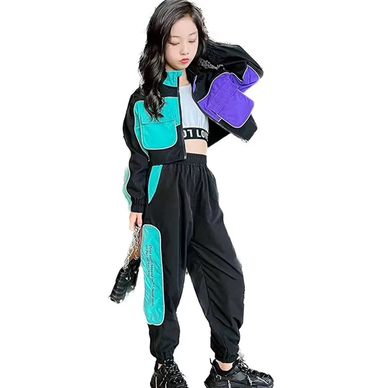 

Teenage Girls Fashion Patchwork Color Clothes Streetwear Tracksuit Jacket+Pants 2pcs Reflective Outfits Kids 8 9 10 11 12 13 14Y