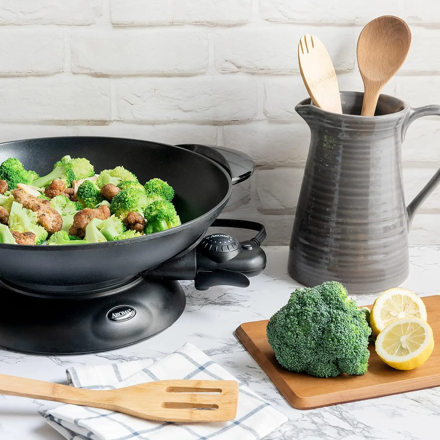 Housewares AEW-306 Electric Wok with Tempered Glass Lid Easy Clean Nonstick, Cooking Chopsticks, Tempura and Steaming Rack 6