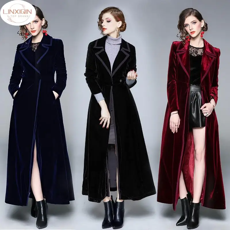 linxiqin-autumn-extra-long-black-reflective-shiny-patent-faux-leather-trench-coat-for-women-belt-cool-european-fashion-2024