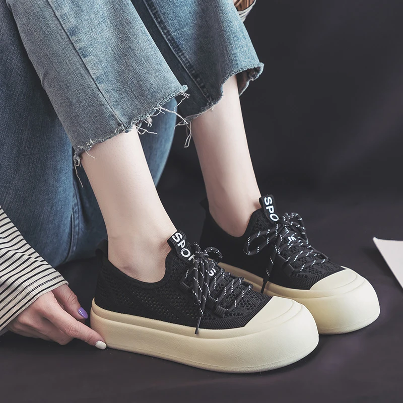 

Женские кроссовки 2023 универсальные вязаные женские Вулканизированная обувь дышащие женские кроссовки на шнуровке на платформе женская повседневная обувь