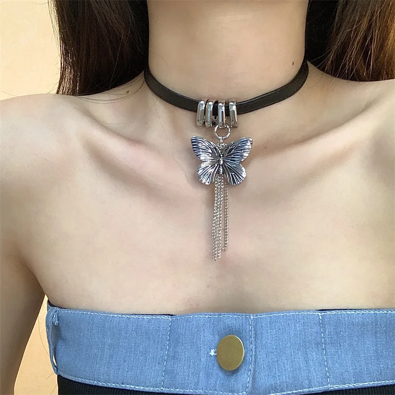 Black Leather Butterfly Tassel Neckchain Women's Neckband Choker Necklace  2023 New Summer Neck Accessories - AliExpress