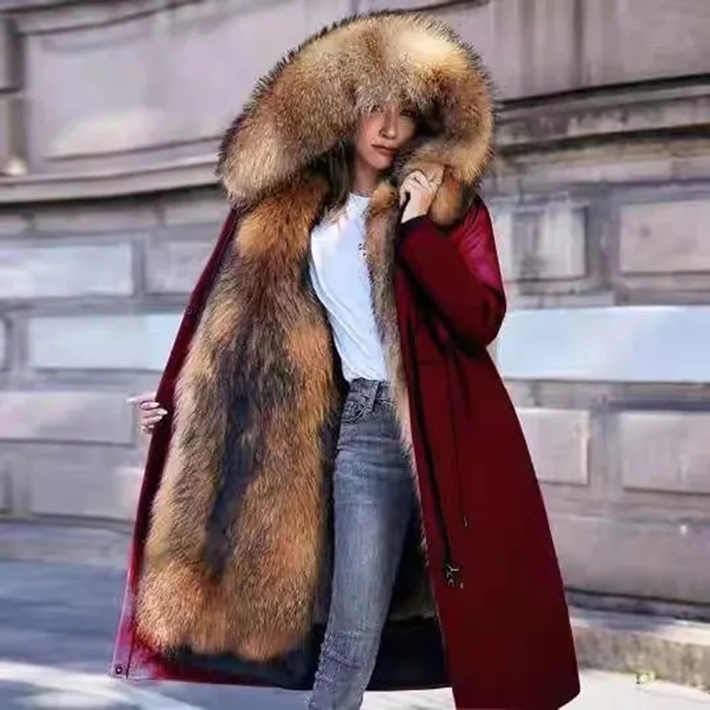 

New Womens Thick Warm Hooded Overcome Winter Detachable Raccoon Fur Liner Imitation Fur Coat Female Cold Fur All-In-One Overcoat