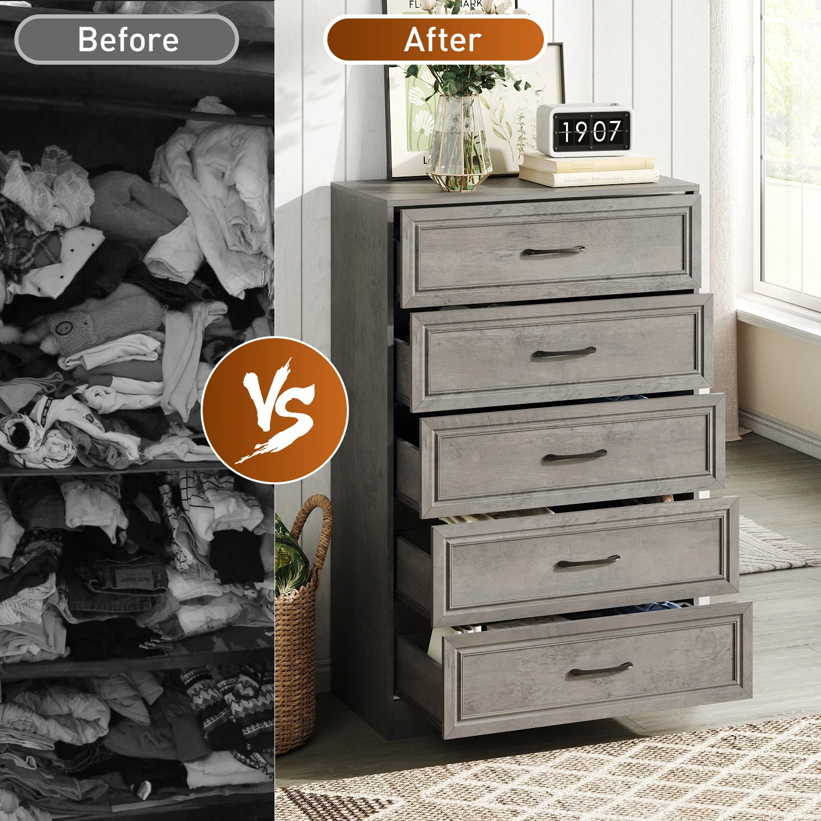 Vabches Dresser for Bedroom Wooden Chest of Drawers with Metal Handles 47'' Tall 5 Drawer Dresser Storage Organizer for Hallway - Image 5