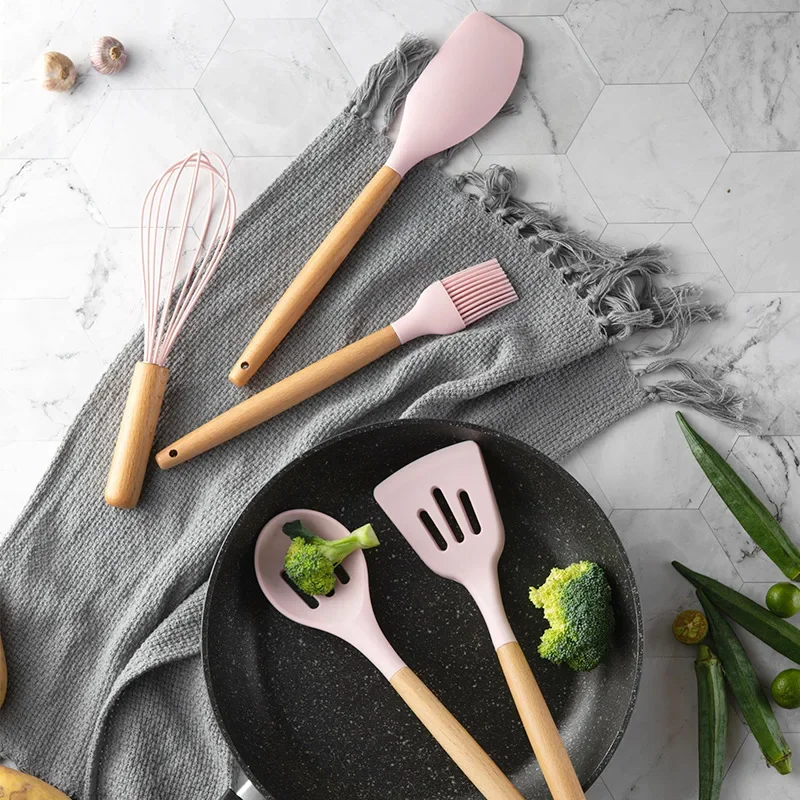 Pink Cooking Kitchenware Tool Silicone Utensils with Wooden Multifunction Handle Non-Stick Spatula Ladle Egg Beaters Shovel New