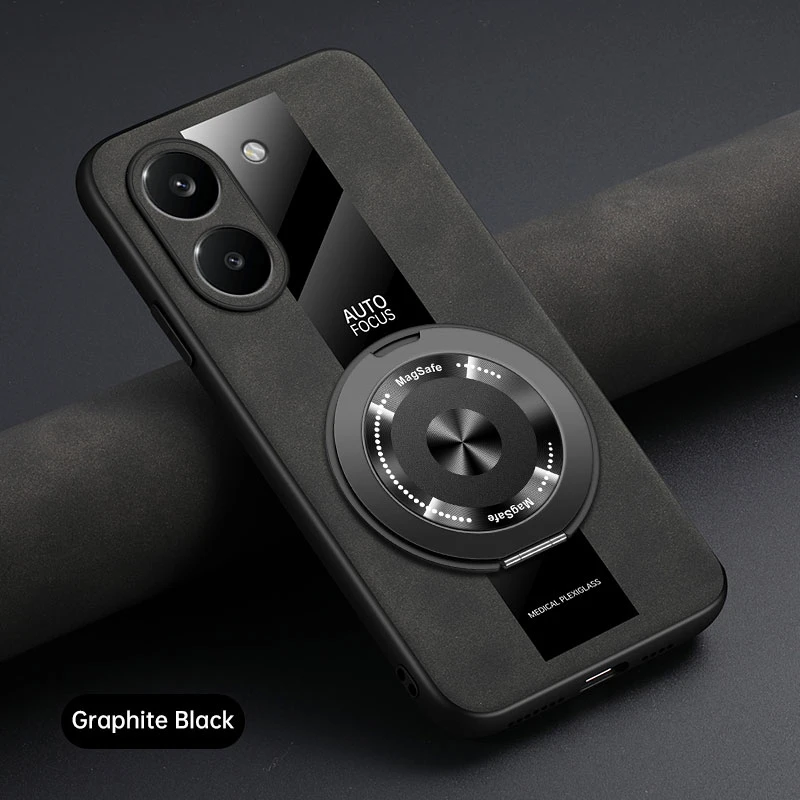 Luxury Leather Magnetic Holder Phone Case with Ring and Silicone Bumper