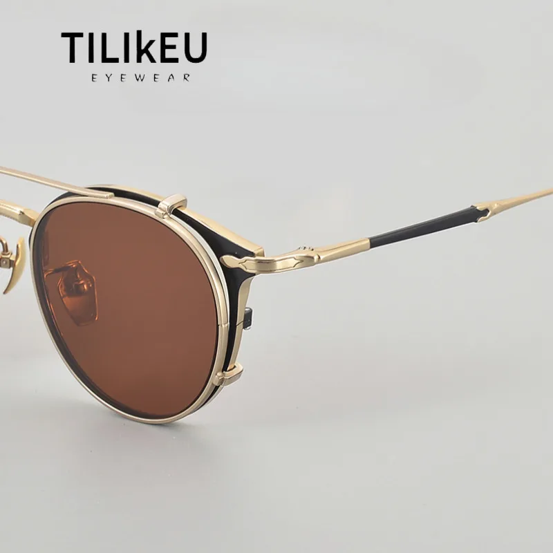 Japanische Luxus-Handgefertigte Geschnitzte Clip-On-Brillenfassung aus Reintitan für Herren mit Großem Gesichtsformat Trendige Damen-Clip-On-Sonnenbrille UV400