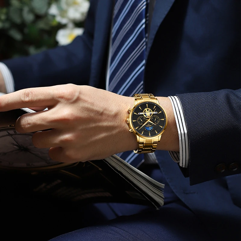 NIBOSI Brand Luxury Tourbillon Quartz Watch Men Stainless Steel Waterproof Fashion Chronograph Watches Mens Relogio Masculino
