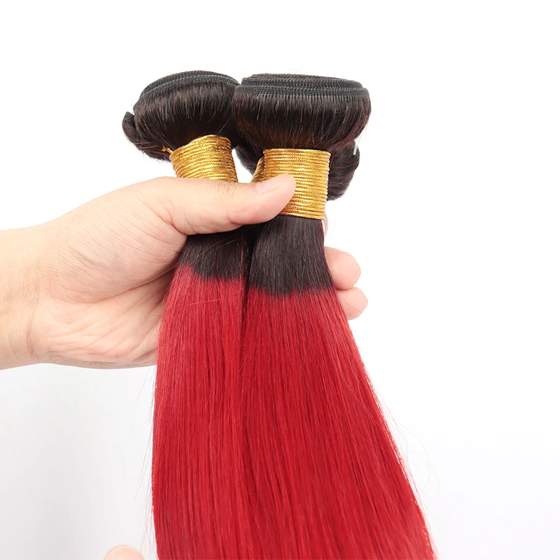 Pre colored red human hair bundles peruvian straight human hair weave drak roots pink blonde purple