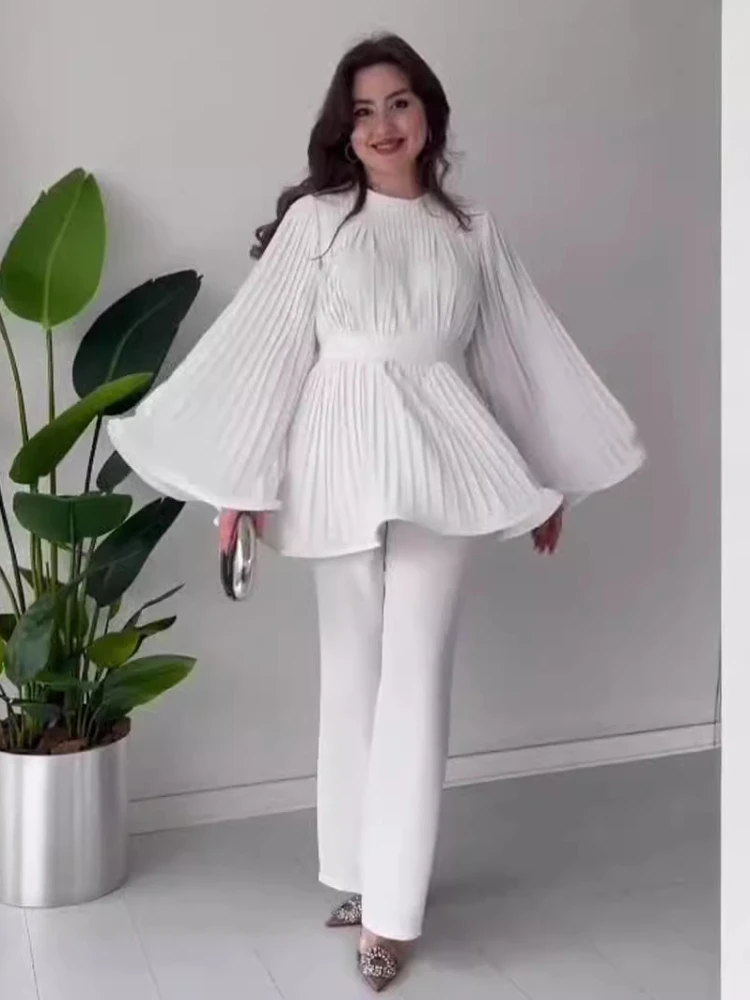 Eid 무슬림 세트 여성용 플리츠 플레어 슬리브 셔츠 및 스커트, 라마단 로브, 카프탄 2024, 무슬맨 앙상블 슈트, 2 피스 세트