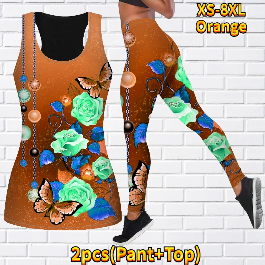Women\'s Fashion 3D Blossom Print Tank Top and Tights Summer Sleeveless Slim Fit Tank Top Yoga Set XS-8XL