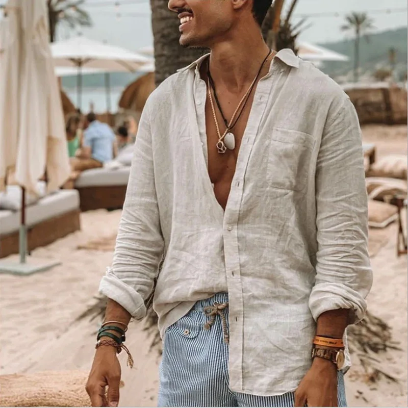 

Men Long Sleeved Button Cotton Linen Shirt Vintage Solid Color Lapel Cardigan Fashion Breathable Top Free Shipping