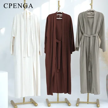 2024 New Dubai Turkish Solid Color Cotton and Linen Cardigan and Dress Robe Muslim Women Modest Abaya Islam Clothing 1