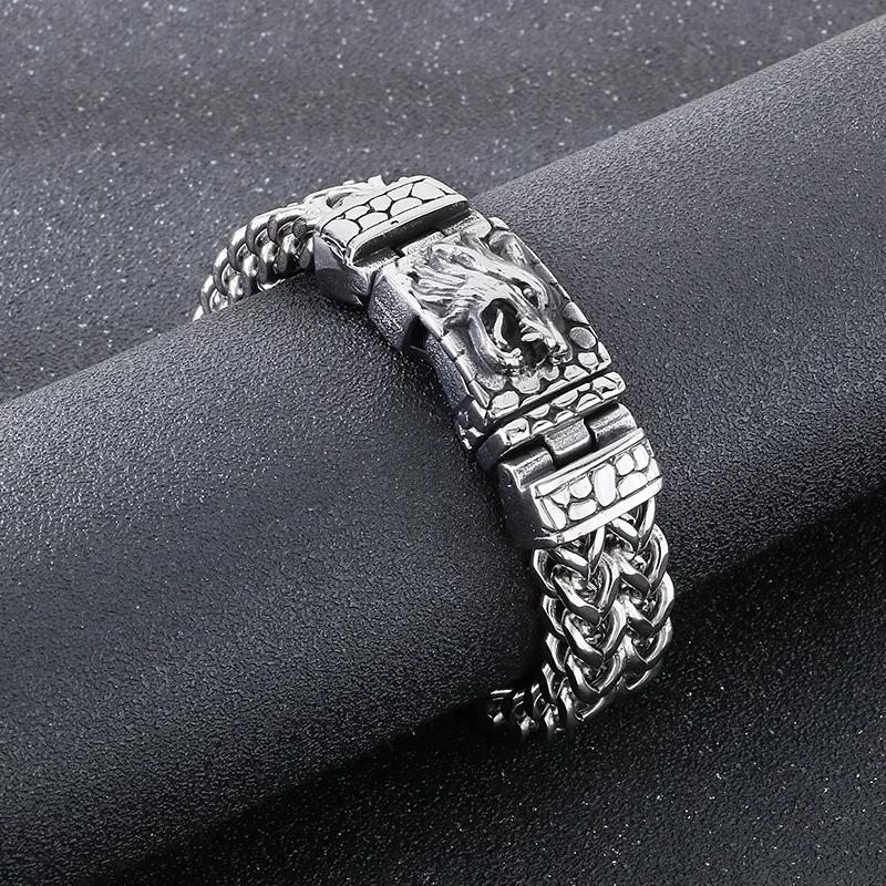 Fongten Herren-Armband aus Edelstahl, dick, zweireihig, gewebte Kette, geschnitztes Drachenkopf-Muster, rechteckige Schnalle, Schmuck, Geschenke – Detail 5