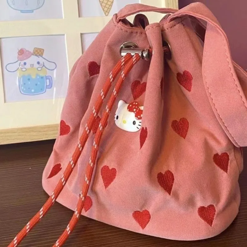 

Kawaii Sanrio Hello Kitty Drawstring Pink Handbag Cartoon Shoulder Bags Crossbody Mini Bucket Bag for Girls Holiday Gifts