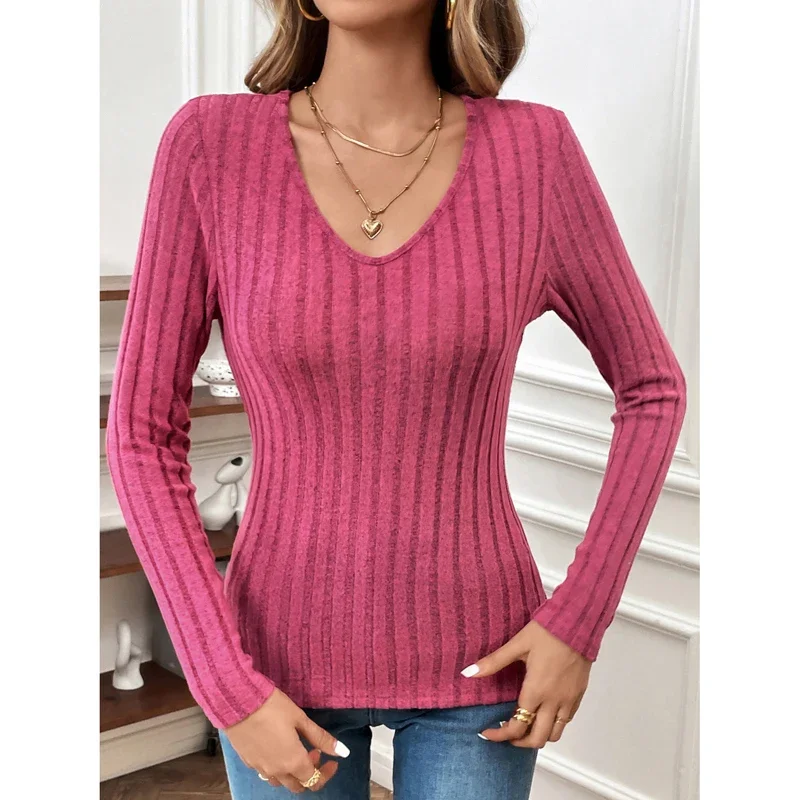 

Women Clothes Elegant Fashion Sexy V Neck Long Sleeve Slim Ribbed T Shirt Autumn Winter Female Casual Solid Pullover Basic Tops