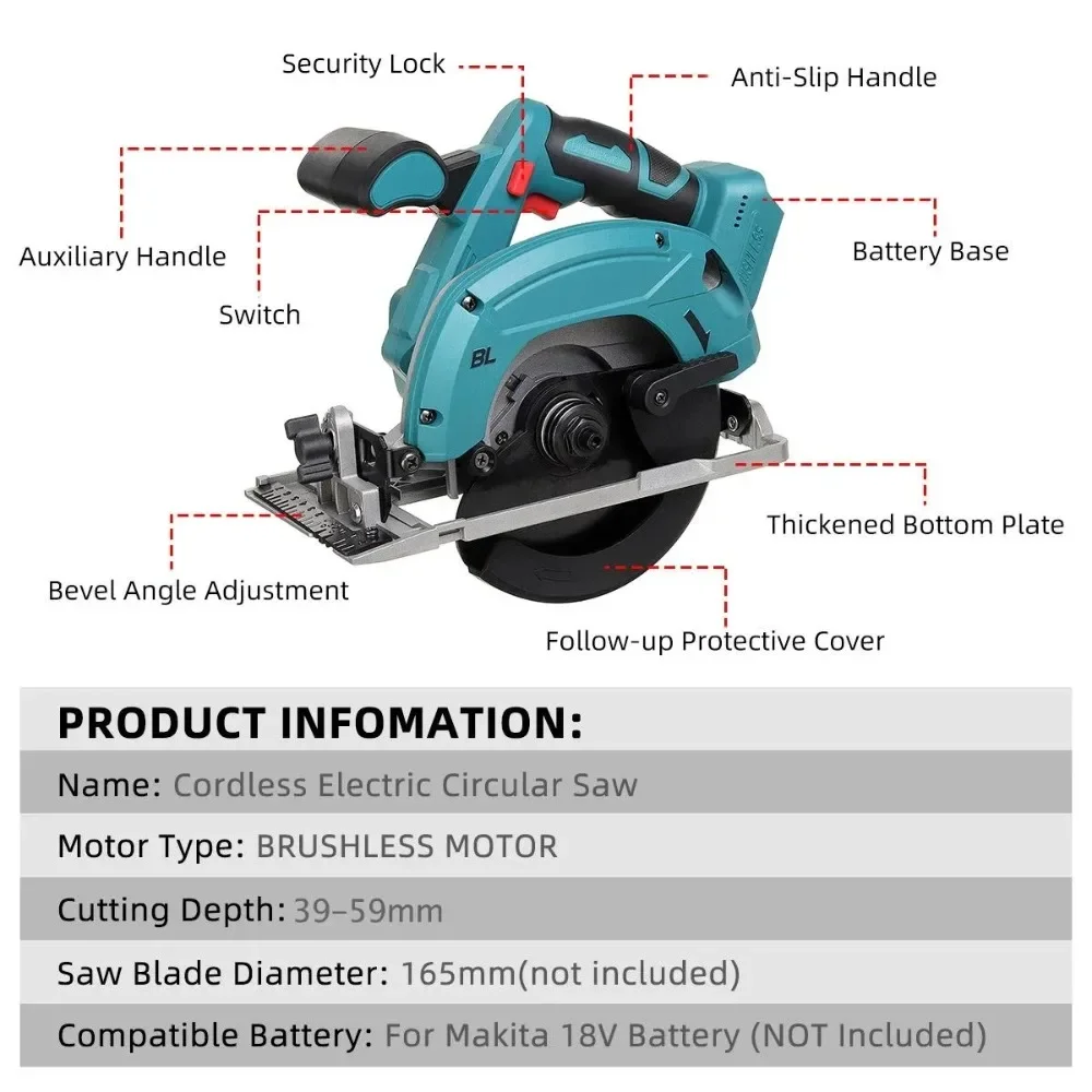 Brushless Circular Saw 165mm Cordless Electric Saw For Wood Metal Ceramic Stone Wall Cutting For Makita 18V Battery For Electric Saw Electric Circular Saw Mini Electric Saw