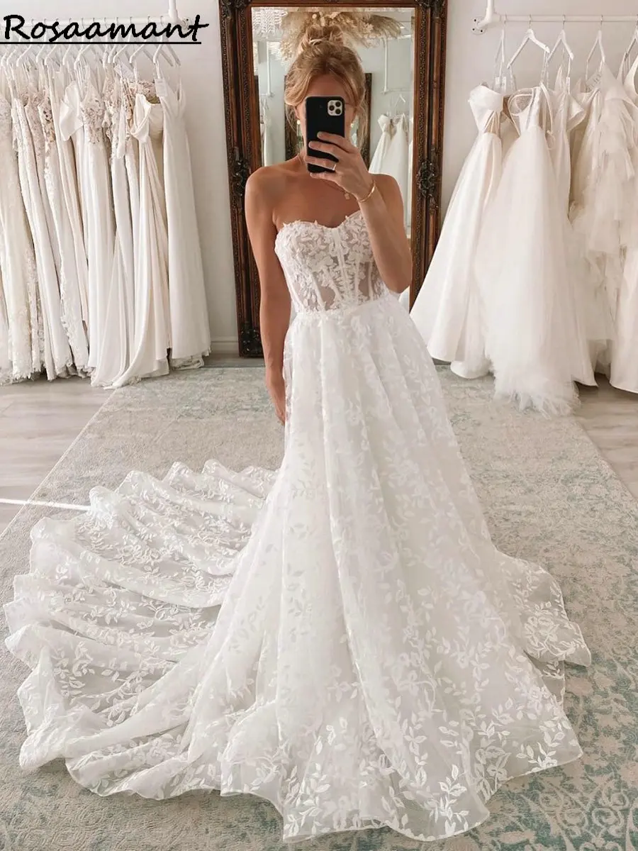 

Boho Sweetheart Illusion A-Line Wedding Dresses Detachable Sleeve Appliques Lace Bridal Gowns robe de mariée