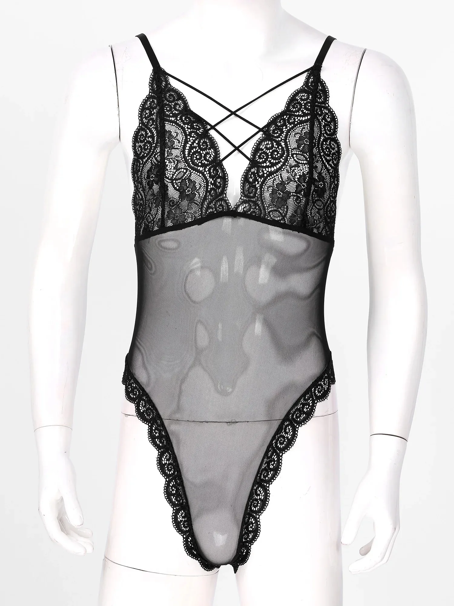 Men Sissy Bodysuits Sexy Crossdress Lingerie Spaghetti Straps High Cut Ruffle Floral Lace Teddy Bodysuit Nightwear Sleepwear